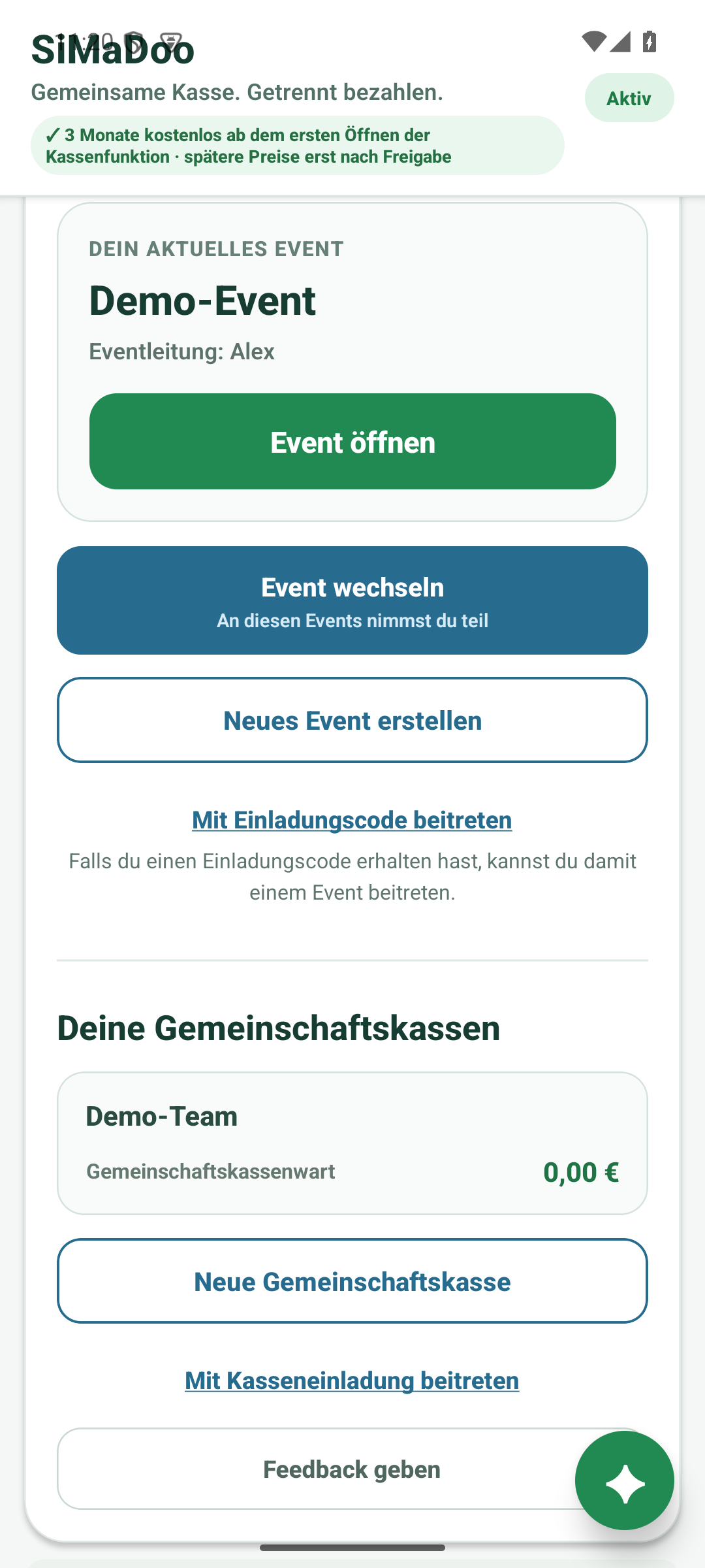 Gemeinschaftskasse oder Eventkasse auswählen beziehungsweise neu erstellen