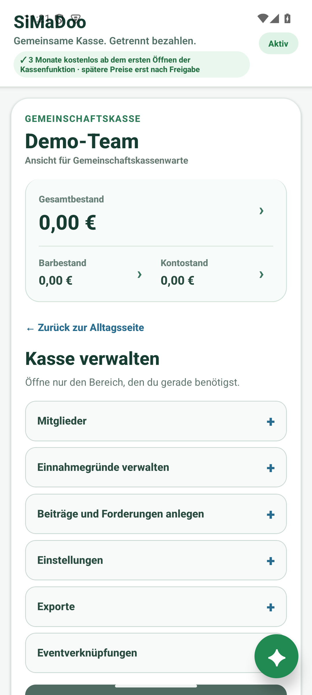 Gemeinschaftskasse mit Mitgliedern, Einnahmegründen, Forderungen, Einstellungen, Exporten und Eventverknüpfungen verwalten