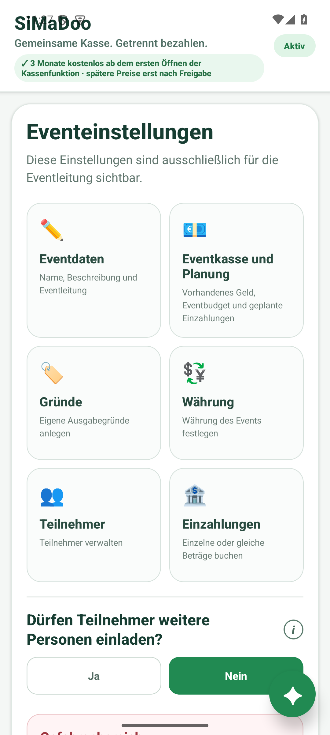 Eventkasse mit Eventdaten, Planung, Teilnehmenden, Einzahlungen und Einladungseinstellungen verwalten