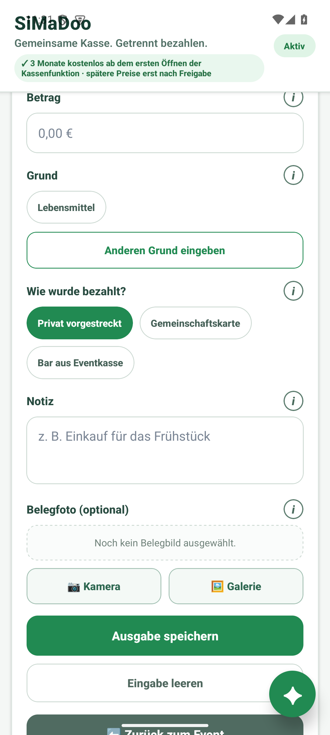 Ausgabe mit Betrag, Grund, Zahlungsart, Notiz und Belegfoto buchen