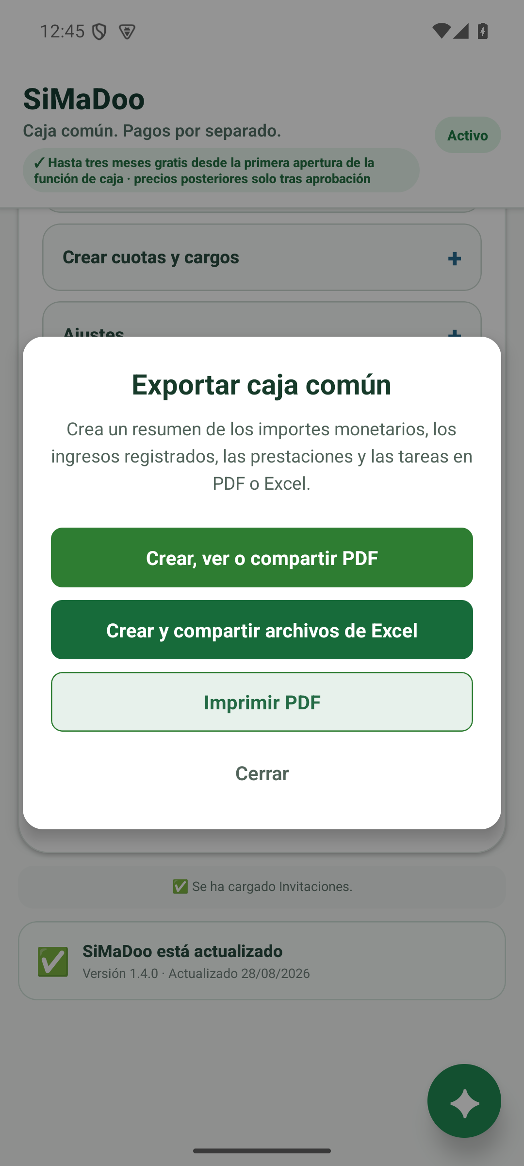 Exportar PDF y Excel