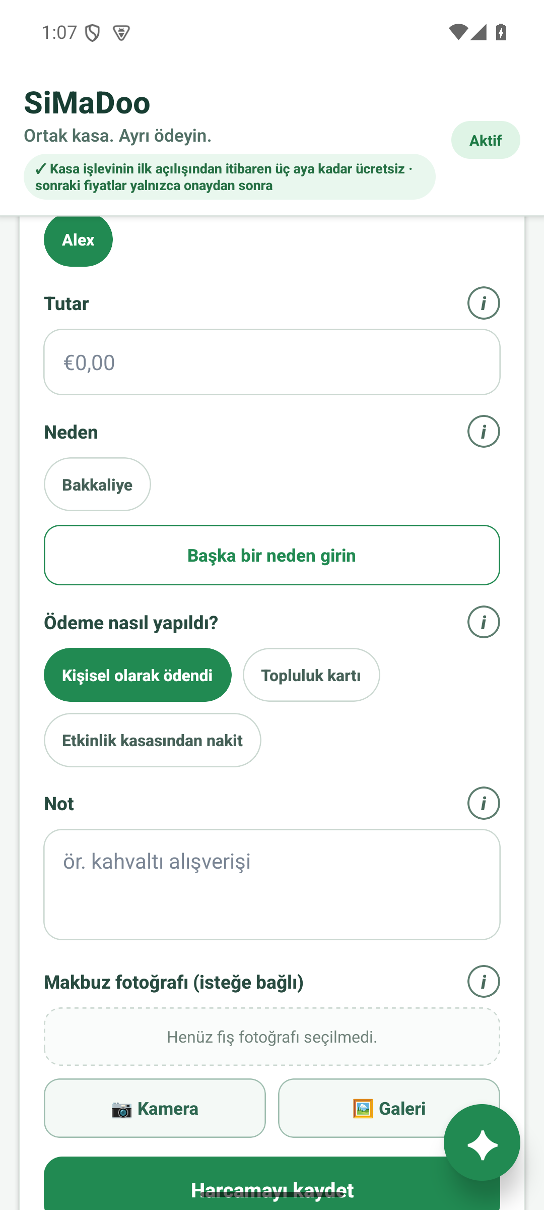 Harcama kaydet
