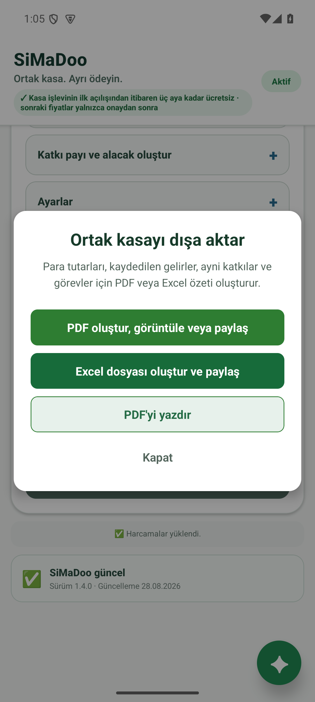 PDF ve Excel dışa aktar