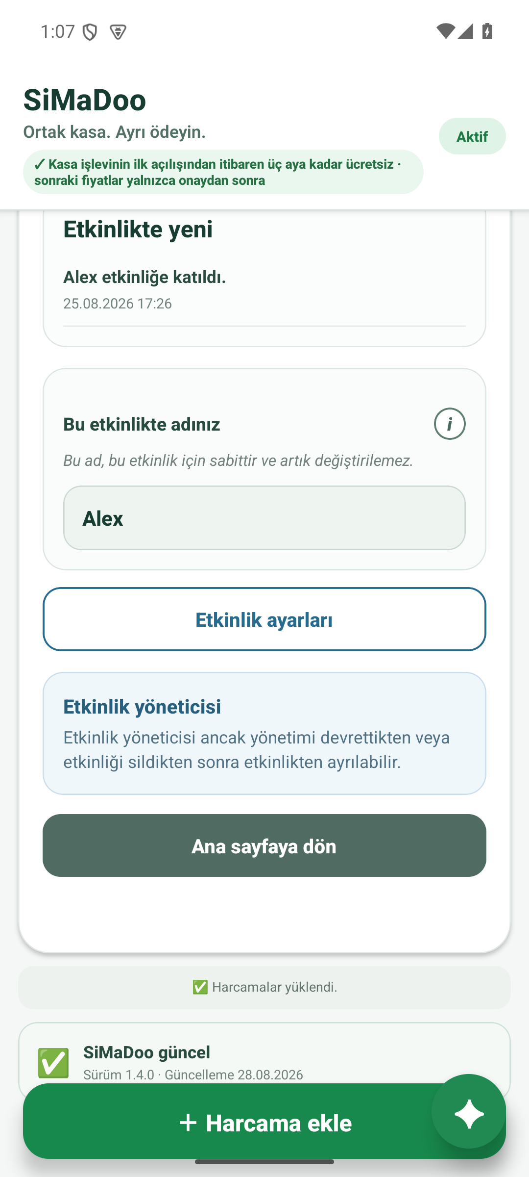 Etkinlik kasası hesaplaşması
